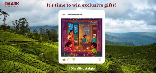 Diwali contest announcement with a cozy family celebration scene, fireworks, and a lush Munnar tea plantation backdrop. Text reads "It's time to win exclusive gifts!" with hashtag DiwaliNostalgia.